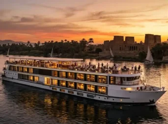 Luxury five star Nile cruise ship sailing along the Nile in Egypt