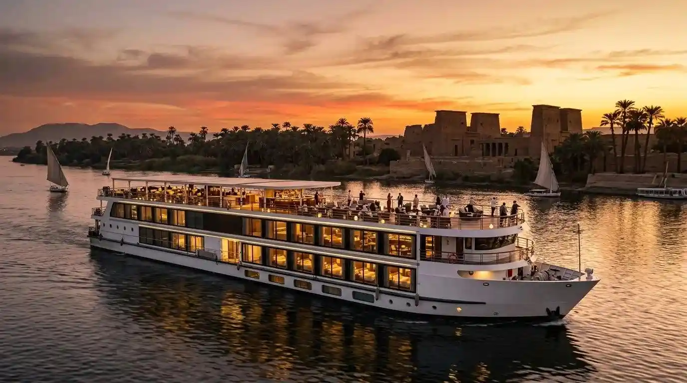 Luxury five star Nile cruise ship sailing along the Nile in Egypt